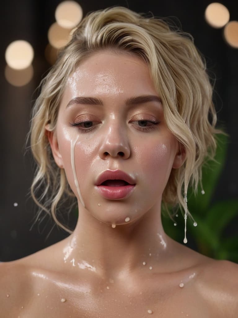  cinematic photo Sydney Sweeney happily taking a gallon of white cream sprayed on her face, short blonde hair, eyes closed, drips of cream, cream dripping out of her mouth, facial, splash, , ahegao, white droplets, face glazed, face creamy, gooey, gang bang, glamorous, magic hour, 8k, gorgeous, dark background, medium closeup, sin ropa, without clothing. 35mm photograph, film, bokeh, professional, 4k, highly detailed