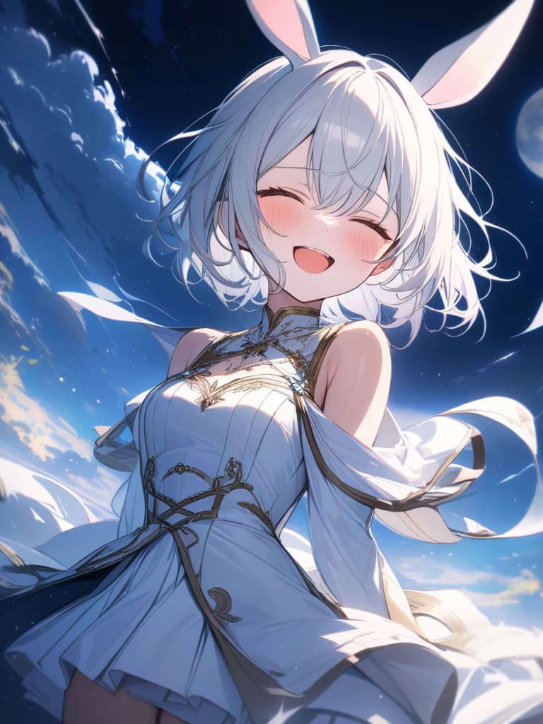  Rabbit ear, magical , mini , moon, night sky, short hair, white hair, small s, laughing, white costume, masterpiece, best quality,8k,ultra detailed,high resolution,an extremely delicate and beautiful,hyper detail