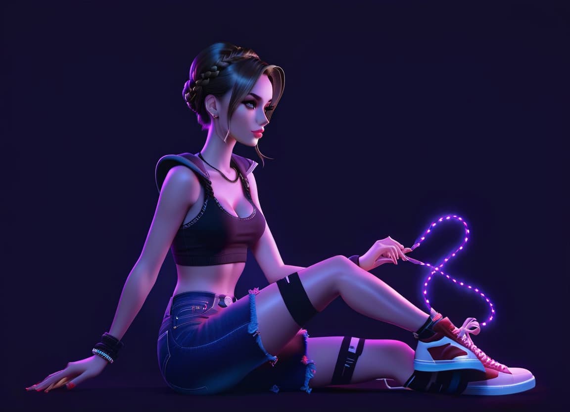  A girl is sitting, her hair is braided, her hair is dark, wearing denim shorts and white sneakers, the view is in profile. hyperrealistic, full body, detailed clothing, highly detailed, cinematic lighting, stunningly beautiful, intricate, sharp focus, f/1. 8, 85mm, (centered image composition), (professionally color graded), ((bright soft diffused light)), volumetric fog, trending on instagram, trending on tumblr, HDR 4K, 8K