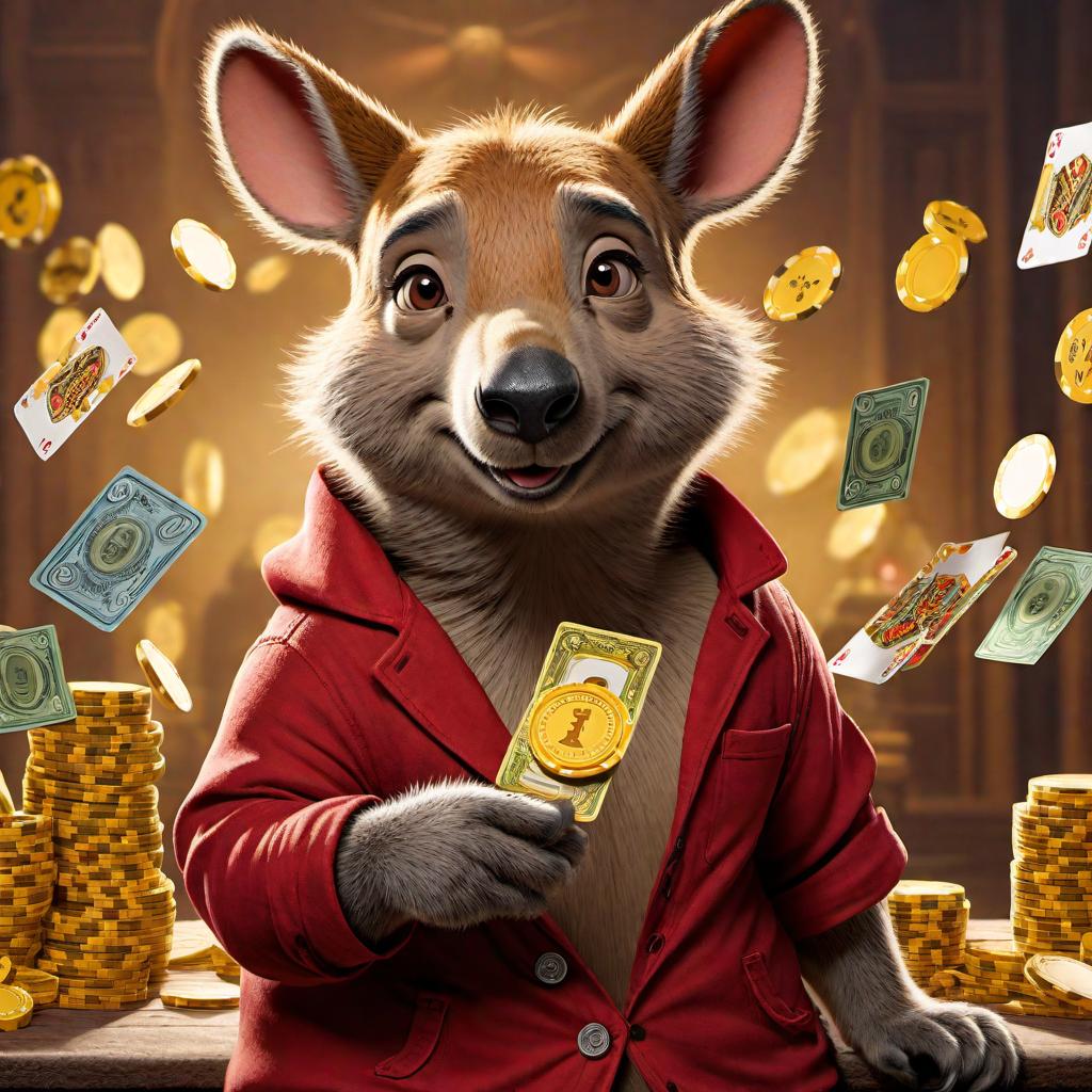  Add money and smoking element to the image of character Roo from Winnie the Pooh wearing designer clothes with a money red bandana, tattoos, casino chips, and holding iPhone boxes, while looking like a scammer, creating a humorous and exaggerated depiction of an intoxicated Roo. hyperrealistic, full body, detailed clothing, highly detailed, cinematic lighting, stunningly beautiful, intricate, sharp focus, f/1. 8, 85mm, (centered image composition), (professionally color graded), ((bright soft diffused light)), volumetric fog, trending on instagram, trending on tumblr, HDR 4K, 8K