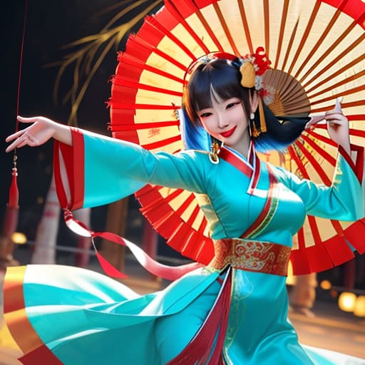  A girl is dancing the Chinese fan dance., Photorealistic, Hyperrealistic, Hyperdetailed, analog style, demure, detailed skin, pores, smirk, smiling eyes, matte skin, soft lighting, subsurface scattering, realistic, heavy shadow, masterpiece, best quality, ultra realistic, 8k, golden ratio, Intricate, High Detail, film photography, soft focus hyperrealistic, full body, detailed clothing, highly detailed, cinematic lighting, stunningly beautiful, intricate, sharp focus, f/1. 8, 85mm, (centered image composition), (professionally color graded), ((bright soft diffused light)), volumetric fog, trending on instagram, trending on tumblr, HDR 4K, 8K