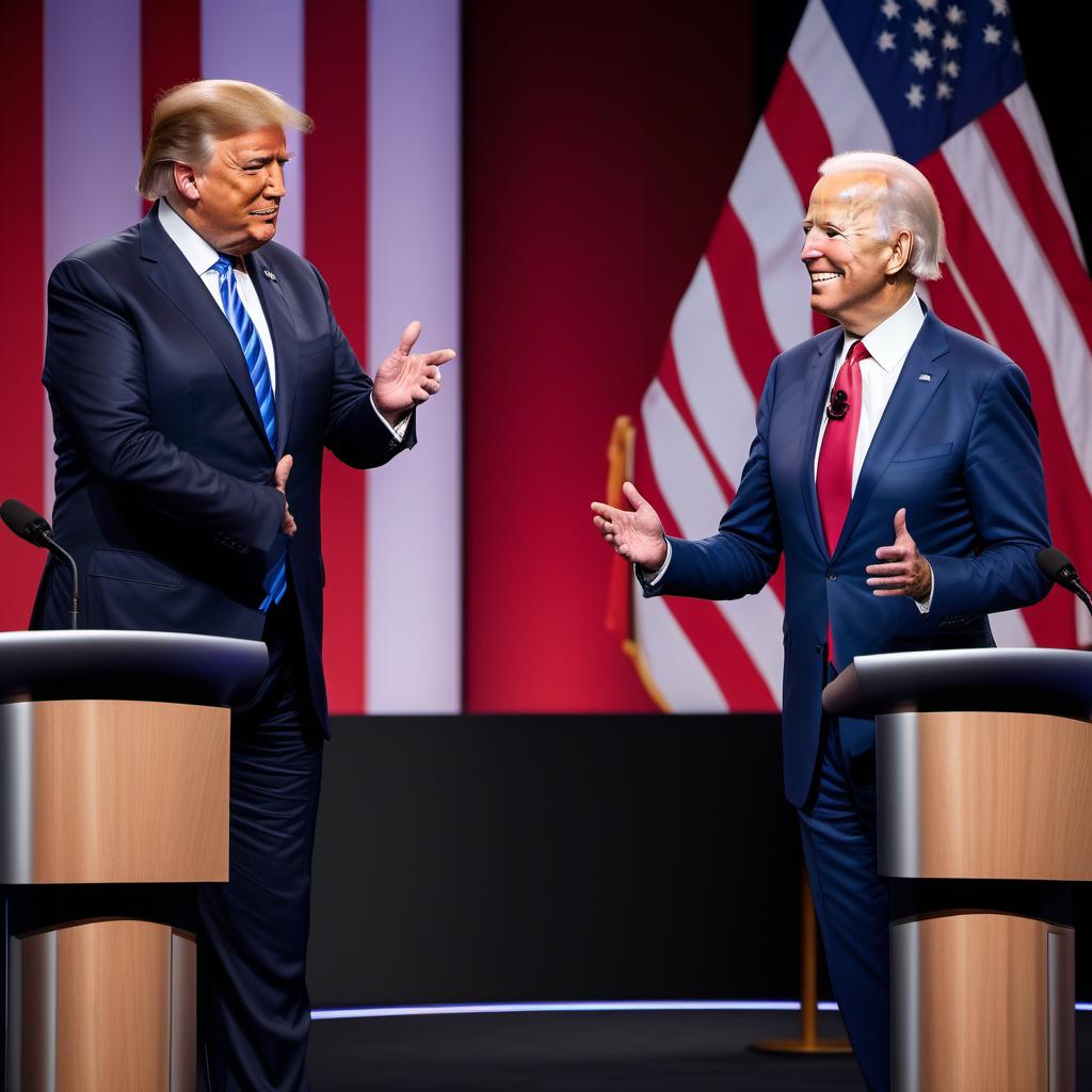  An image of President Trump and Joe Biden debating each other on a stage. President Trump is looking very happy, with a big smile on his face and a confident posture. Joe Biden, on the other hand, is looking disappointed, with a somber expression and a downcast posture. The background shows a debate setting with podiums, microphones, and subtle decorations to indicate the debate environment. hyperrealistic, full body, detailed clothing, highly detailed, cinematic lighting, stunningly beautiful, intricate, sharp focus, f/1. 8, 85mm, (centered image composition), (professionally color graded), ((bright soft diffused light)), volumetric fog, trending on instagram, trending on tumblr, HDR 4K, 8K