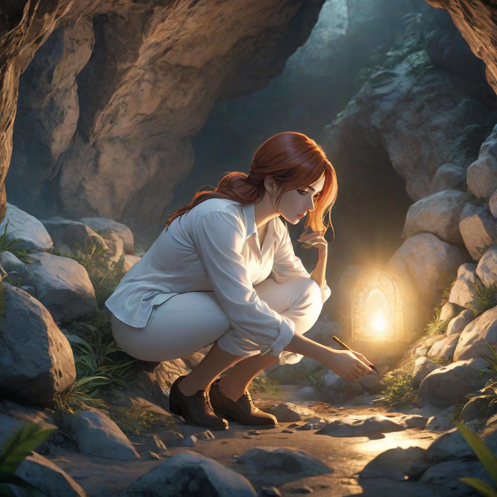  in a comic strip style with an outline , a woman in a white shirt is squatting and making a small cave map for the island hyperrealistic, full body, detailed clothing, highly detailed, cinematic lighting, stunningly beautiful, intricate, sharp focus, f/1. 8, 85mm, (centered image composition), (professionally color graded), ((bright soft diffused light)), volumetric fog, trending on instagram, trending on tumblr, HDR 4K, 8K