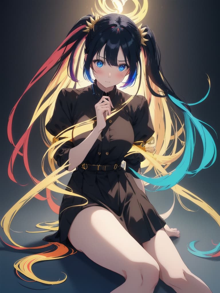  source anime, ((score 9)),score 8 up,score 7 up,score 6 up,score 5 up,score 4 up, 1, solo, long hair, looking at viewer, blush, bangs, black background, hair ornament, blue eyes, 1, black background, twintails, blue hair, sitting , full body, gold hair, multicolored hair, gradient hair, , no shoes, black , black shirt, black uniform, multicolored clothes, best quality, amazing quality, very aesthetic, absurdres best quality, masterpiece, absurdres hyperrealistic, full body, detailed clothing, highly detailed, cinematic lighting, stunningly beautiful, intricate, sharp focus, f/1. 8, 85mm, (centered image composition), (professionally color graded), ((bright soft diffused light)), volumetric fog, trending on instagram, trending on tumblr, HDR 4K, 8K