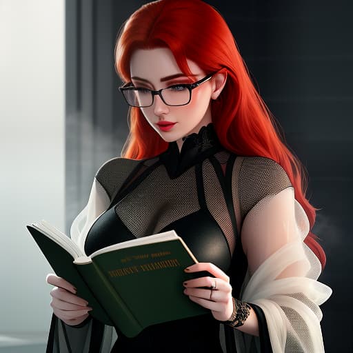  A girl with green eyes, red hair, puffy lips. Rosy cheeks, square glasses of black color. Red hair. Wearing a mesh suit, reading a book. hyperrealistic, full body, detailed clothing, highly detailed, cinematic lighting, stunningly beautiful, intricate, sharp focus, f/1. 8, 85mm, (centered image composition), (professionally color graded), ((bright soft diffused light)), volumetric fog, trending on instagram, trending on tumblr, HDR 4K, 8K