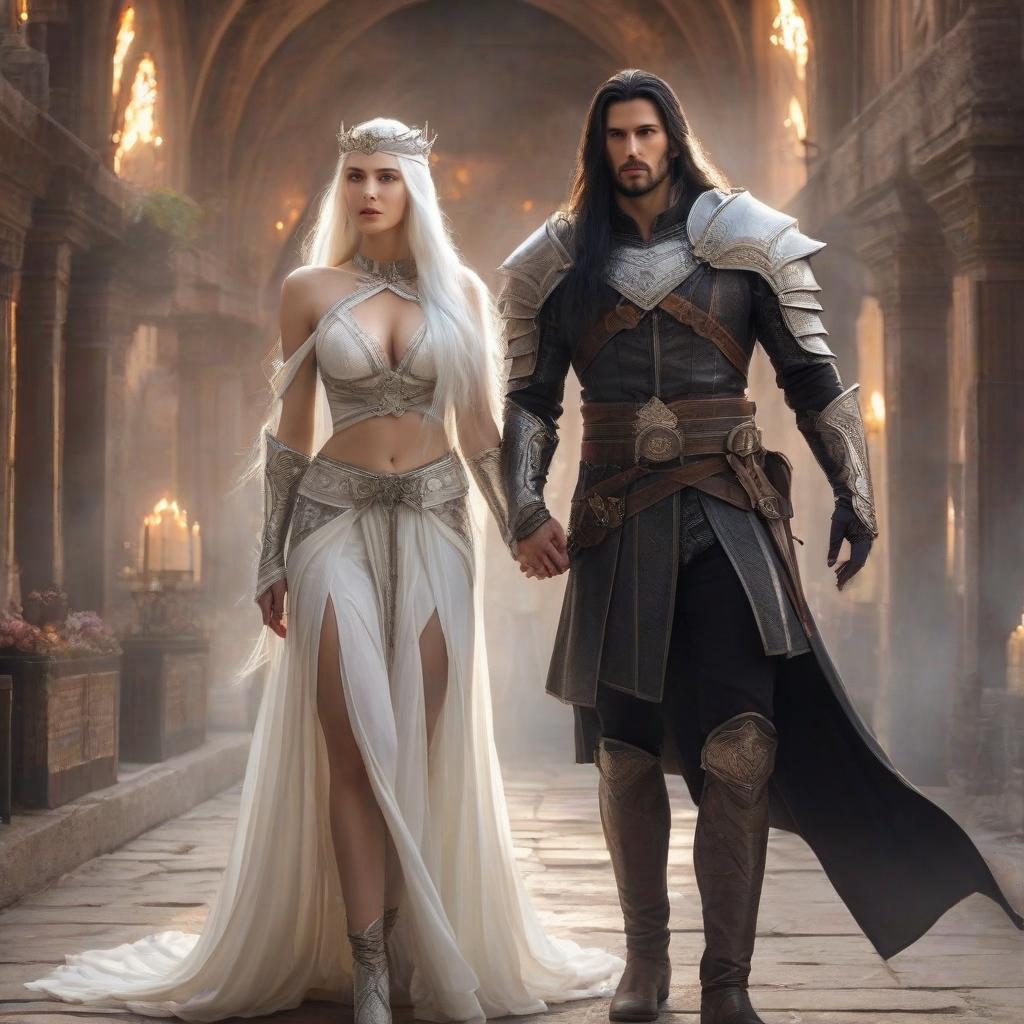  ethereal fantasy concept art of Middle Ages, a white haired rested her head on the shoulder of a tall, smooth , black haired young man with long hair. . magnificent, celestial, ethereal, painterly, epic, majestic, magical, fantasy art, cover art, dreamy hyperrealistic, full body, detailed clothing, highly detailed, cinematic lighting, stunningly beautiful, intricate, sharp focus, f/1. 8, 85mm, (centered image composition), (professionally color graded), ((bright soft diffused light)), volumetric fog, trending on instagram, trending on tumblr, HDR 4K, 8K