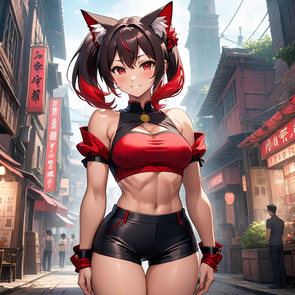  anime artwork A nine yea , beautiful face, wearing a tight open back and black red top, ideal body shape, large ocks and , black red shorts, cat ears, smiles, has a good press, muscular legs and arms, standing on hands, sweating. . anime style, key visual, vint, studio anime, highly detailed hyperrealistic, full body, detailed clothing, highly detailed, cinematic lighting, stunningly beautiful, intricate, sharp focus, f/1. 8, 85mm, (centered image composition), (professionally color graded), ((bright soft diffused light)), volumetric fog, trending on instagram, trending on tumblr, HDR 4K, 8K