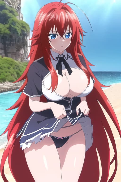  ,on the beach,sunny beautiful day,age,cameltoe,long hair,,realistic,anime style.,masterpiece, best quality, 1women, long red hair, looking at viewer, :3, cute, black uniform, outdoors, streets, cowboy shot, curvy, (((blue eyes))), rias gremory, red hair, antenna hair, wavy hair, ((beautiful detailed eyes, beautiful detailed glow, lots of glow)), anime screencap