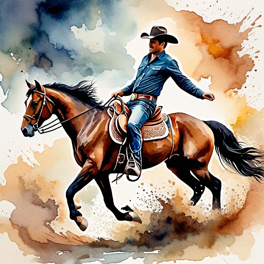  Create a watercolor painting of a man ridding a bucking horse at a rodeo. The background features soft, watercolor style splashes in earthy tones, giving the image an artistic and dreamy feel. Ensure the overall image has a delicate watercolor effect.