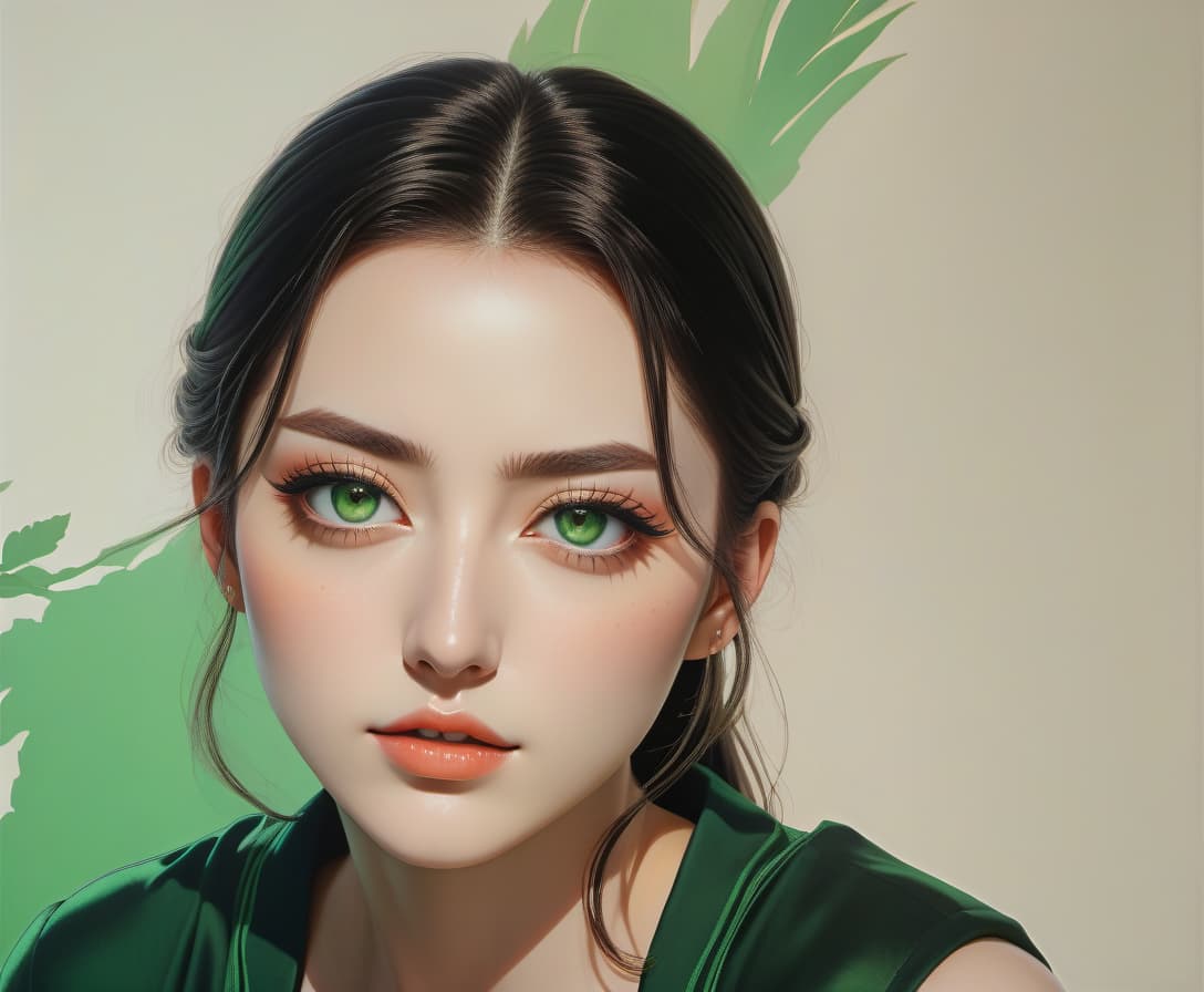  anime artwork (Masterpiece, acrylic painting: 1.7). Photorealism, Intricate Details, Extremely Detailed, Outstanding Complexity, Best Quality, Hires Textures, High Detail, Incredibly Detailed. Girl Green hair. Green eyes. Full make up. Green dress. There are green bushes in the background. The lighting is a light golden color. UHD. HDR. puella juvenilis, 15 annorum, oculi viridis, longi tudinis, capilli longi nigri, capilli in caudam, divisam, plenam longitudinem, griseam vestium . anime style, key visual, vibrant, studio anime, highly detailed, FILM PHOTOGRAPHY STYLE, Perfect Hands, oil painting hyperrealistic, full body, detailed clothing, highly detailed, cinematic lighting, stunningly beautiful, intricate, sharp focus, f/1. 8, 85mm, (centered image composition), (professionally color graded), ((bright soft diffused light)), volumetric fog, trending on instagram, trending on tumblr, HDR 4K, 8K