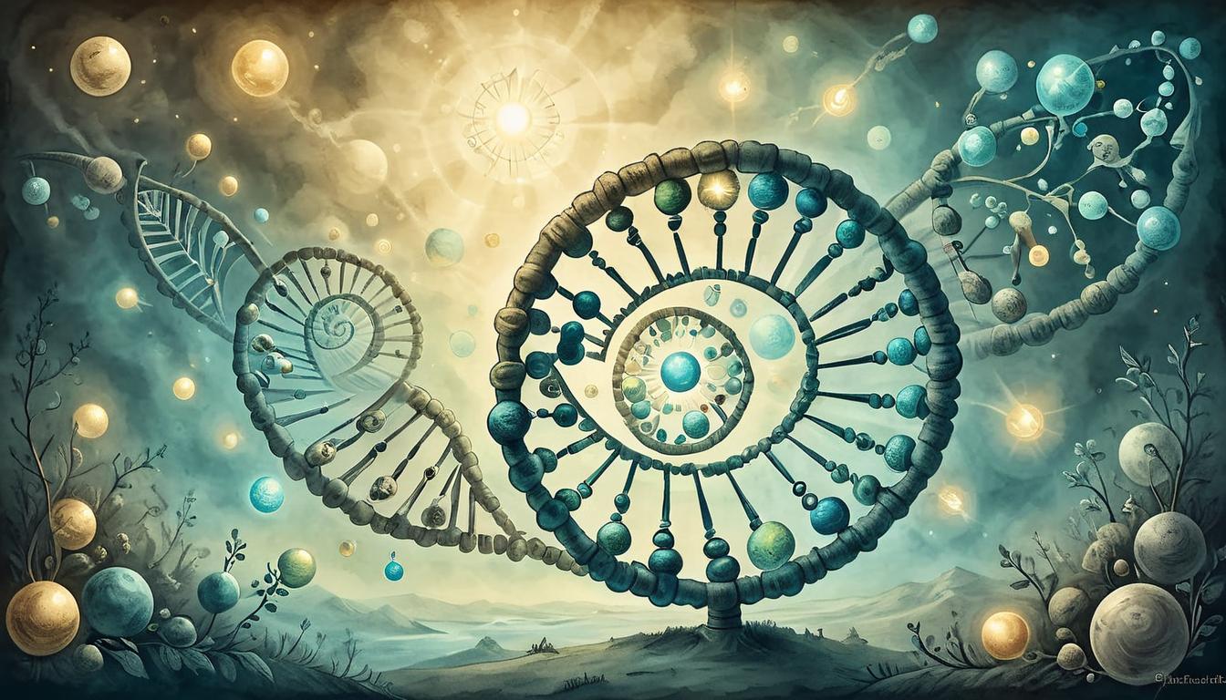  on parchment, surrealism+++, Close up of DNA helix surrounded by glowing light spheres, reflecting conscious living and genetic reprogramming, minimalistic and symbolic, radiating energy(mysterious, provocative, symbolic,muted color)+++