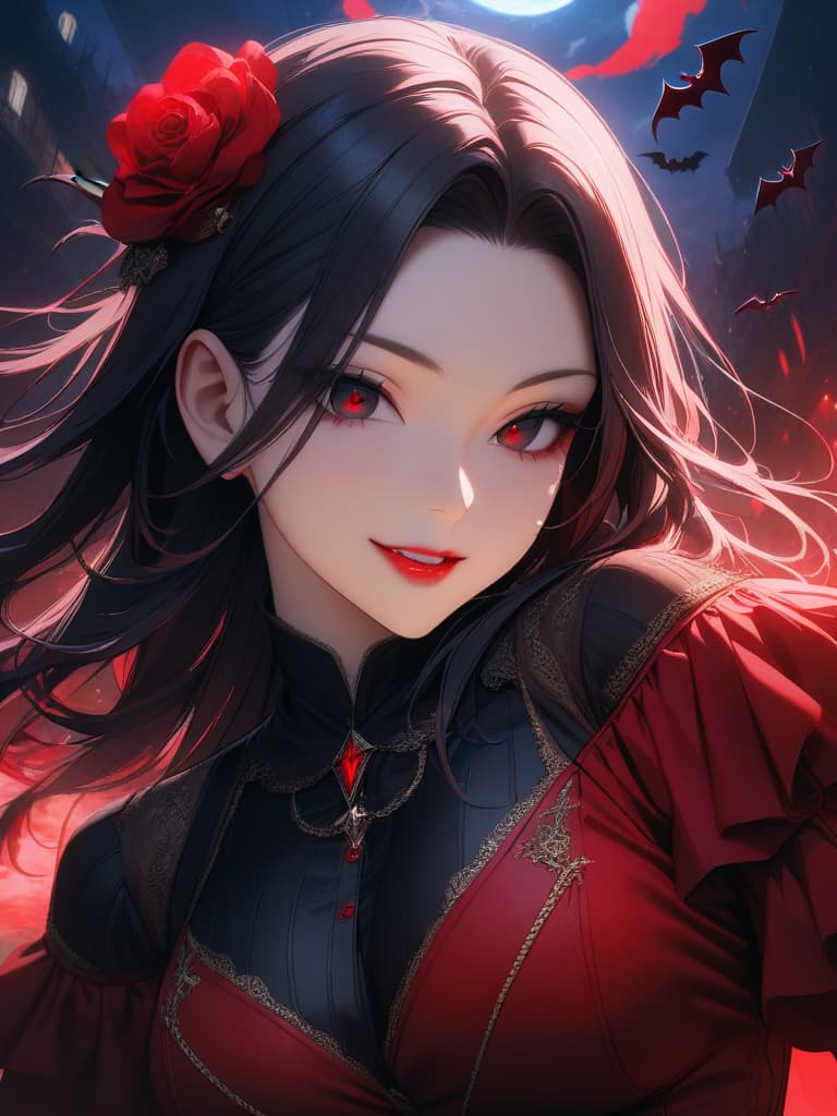  ((Long black hair,parted bangs,forehead,black eyes,long eyes,thin eyes,hanging eyes,double teeth,dark circles,blood,bright red lips,invincible smile,vampires,bats)),(Vampire mant,night sky,moonlight,red moon,red rose),, masterpiece, best quality,8k,ultra detailed,high resolution,an extremely delicate and beautiful,hyper detail hyperrealistic, full body, detailed clothing, highly detailed, cinematic lighting, stunningly beautiful, intricate, sharp focus, f/1. 8, 85mm, (centered image composition), (professionally color graded), ((bright soft diffused light)), volumetric fog, trending on instagram, trending on tumblr, HDR 4K, 8K