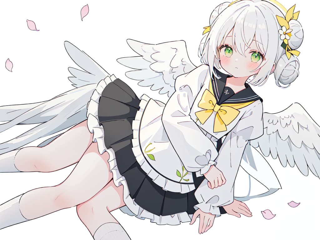  1girl,halo,on side,hair ornament,white background,yellow bow,flower,black dress,feathered wings,blush,black sailor collar,two bun hair,hair between eyes,closed mouth,,white hair,dress,puffy long sleeves,long sleeves,lying,puffy sleeves,socks, green eyes,wings,hair flower,pleated dress,ribbon trim,sailor collar,high socks,solo,frills,white socks,crossover,loose socks,sailor dress,petals,bow,simple background,ribbon trimmed sleevesmasterpiece,newest,absurdres,safe, masterpiece, best quality,8k,ultra detailed,high resolution,an extremely delicate and beautiful,hyper detail