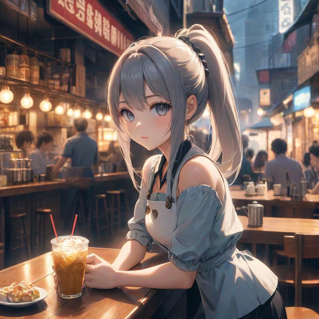  anime artwork girl, cafe worker . anime style, key visual, vibrant, studio anime, highly detailed hyperrealistic, full body, detailed clothing, highly detailed, cinematic lighting, stunningly beautiful, intricate, sharp focus, f/1. 8, 85mm, (centered image composition), (professionally color graded), ((bright soft diffused light)), volumetric fog, trending on instagram, trending on tumblr, HDR 4K, 8K