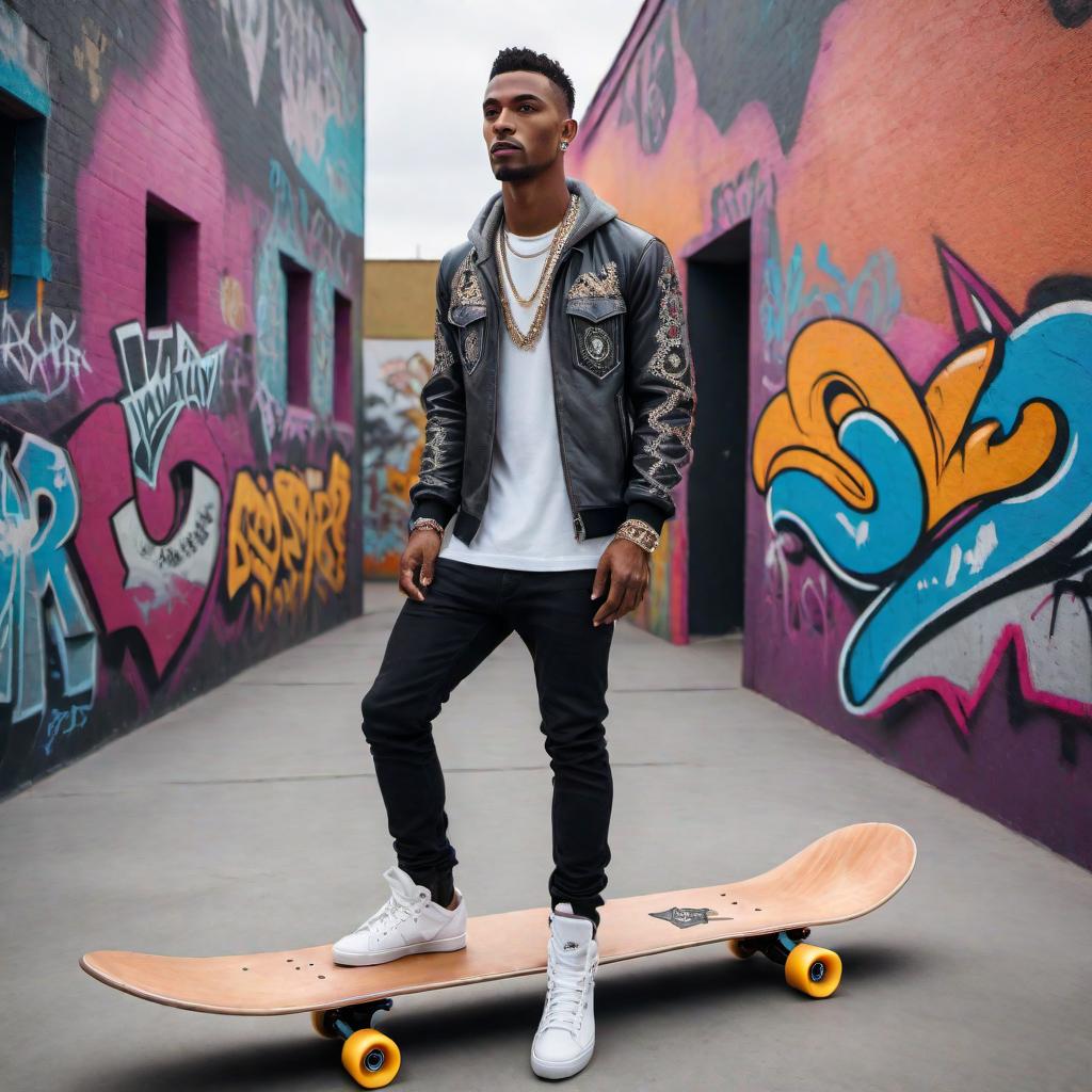  A man at a skatepark wearing diamonds. The scene should show the man wearing clothing and accessories adorned with sparkling diamonds, skating or standing with his skateboard. The background includes ramps, half-pipes, and graffiti-covered walls typical of a skatepark. The atmosphere is energetic and stylish, capturing the juxtaposition of street culture and high fashion. hyperrealistic, full body, detailed clothing, highly detailed, cinematic lighting, stunningly beautiful, intricate, sharp focus, f/1. 8, 85mm, (centered image composition), (professionally color graded), ((bright soft diffused light)), volumetric fog, trending on instagram, trending on tumblr, HDR 4K, 8K