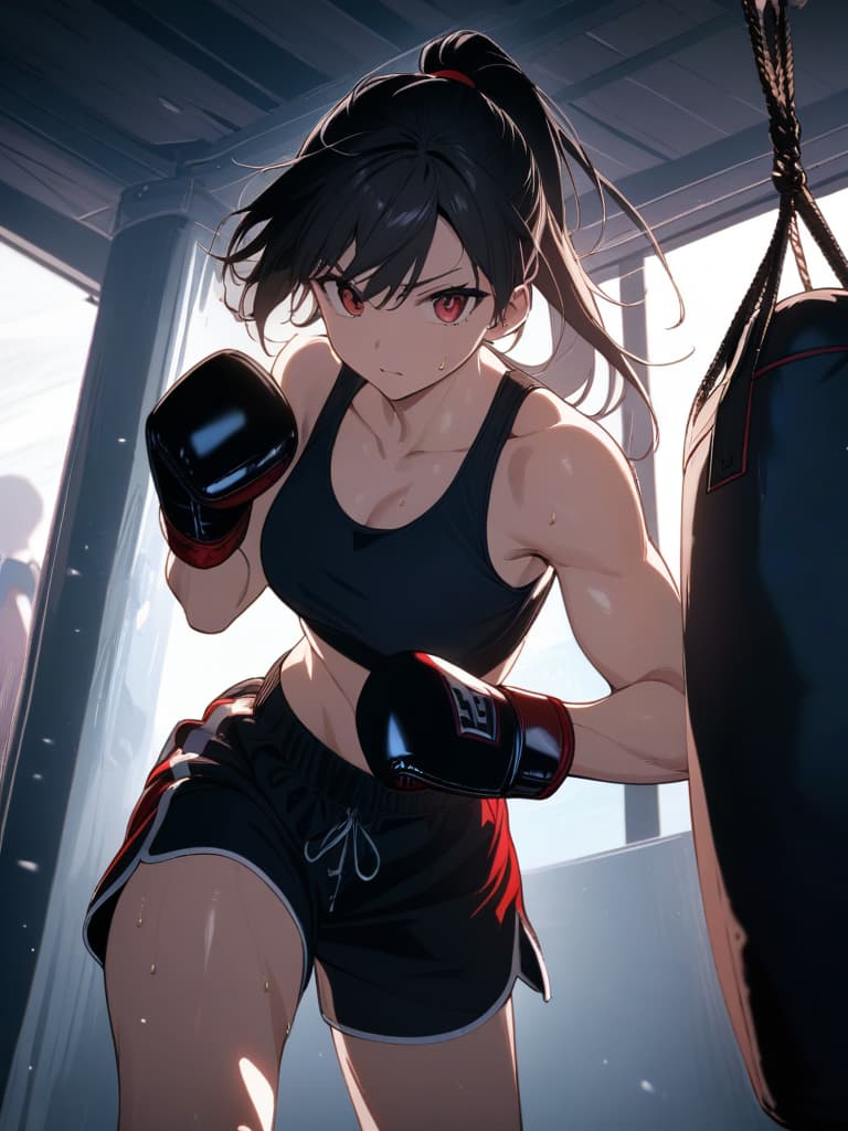  ((punching bag)),boxer,boxer ,pretty ,cool,handsome ,ponytail,red eyes,black hair,dynamic,sweat splashing,punch,((punching a punching bag)),((boxing gloves)),sports ,abdominal muscles,shorts,sporty ,((punching bag)),boxer,boxer ,pretty ,cool,handsome ,ponytail,red eyes,black hair,dynamic,sweat splashing,punch,((punching a punching bag)),((boxing gloves)),sports ,abdominal muscles,shorts,sporty ,ultra detailed,best shadow,cute and beautiful face,(masterpiece:1.2),(best quality:1.2),detailed background,high contrast,(best illumination,an extremely delicate and beautiful),((cinematic light)),hyper detail,dramatic light,intricate details,8k,anime,very aesthetic、サンドバッグ, masterpiece, best qualit