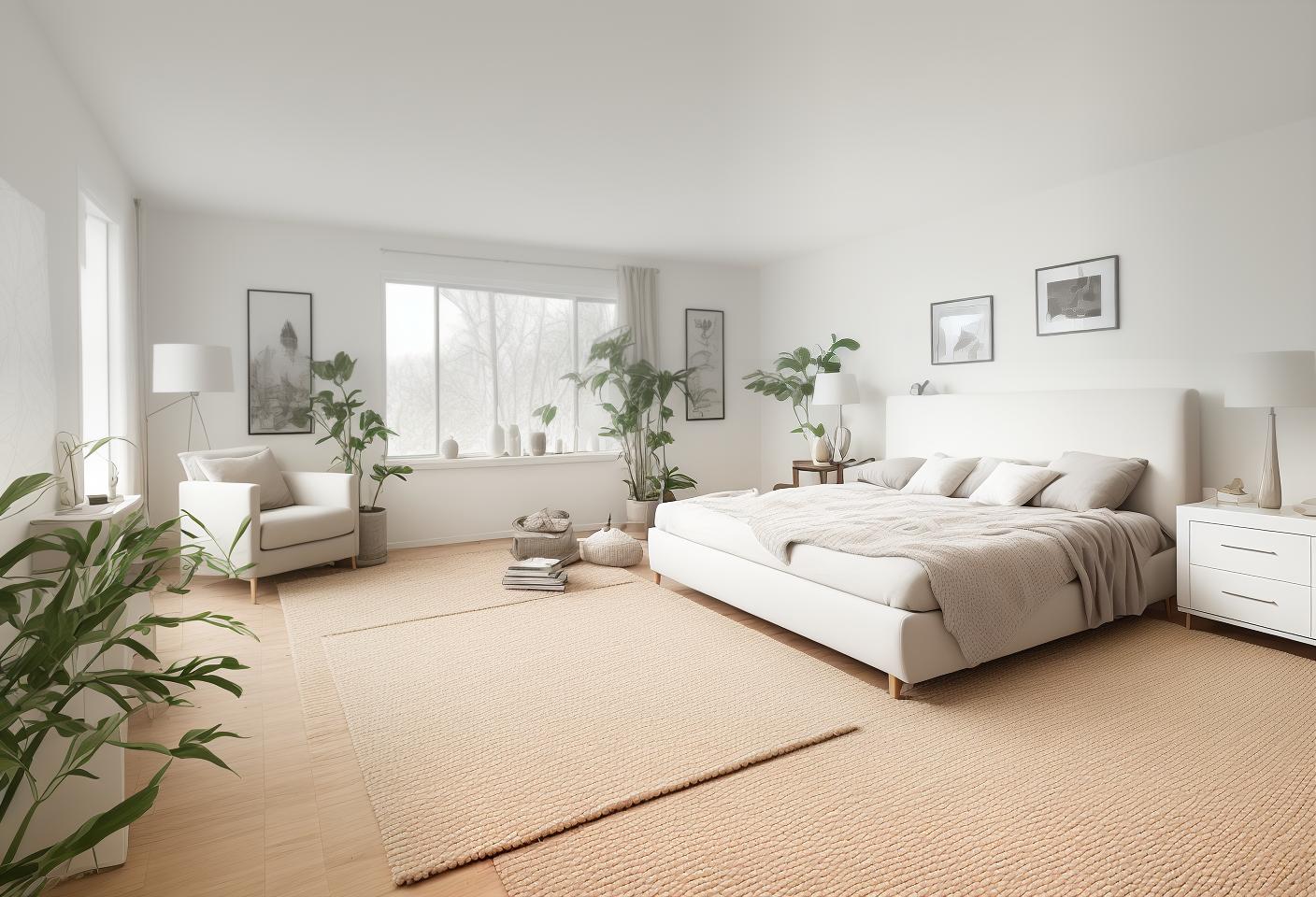  Living Room, Cozy, comfortable, family time, relaxation, entertainment, decor, furniture, lighting The room depicted in the image exhibits a minimalist and contemporary living room theme, emphasizing clean lines and neutral tones. Contemporary minimalist living room with a white sectional sofa, wooden accent chairs, geometric rug, and large leaf artwork. minimalist, contemporary, living room, white sectional sofa, wooden accent chairs, geometric rug, large leaf artwork