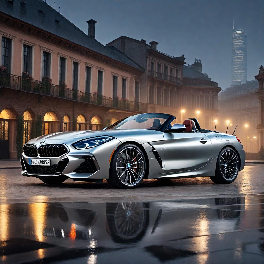  A reimagined BMW Z4 roadster, showcasing a sleek, modern design with futuristic elements. The car should have sharp, aerodynamic lines, advanced LED lighting, and a metallic finish that gleams in the light. The scene should be set against a stunning backdrop, such as a cityscape at night or a scenic coastal road, emphasizing the car's elegance and power. The style should evoke a new artistic vision, blending realistic details with a touch of abstract or surreal elements to create a unique and captivating aesthetic. hyperrealistic, full body, detailed clothing, highly detailed, cinematic lighting, stunningly beautiful, intricate, sharp focus, f/1. 8, 85mm, (centered image composition), (professionally color graded), ((bright soft diffused light)), volumetric fog, trending on instagram, trending on tumblr, HDR 4K, 8K