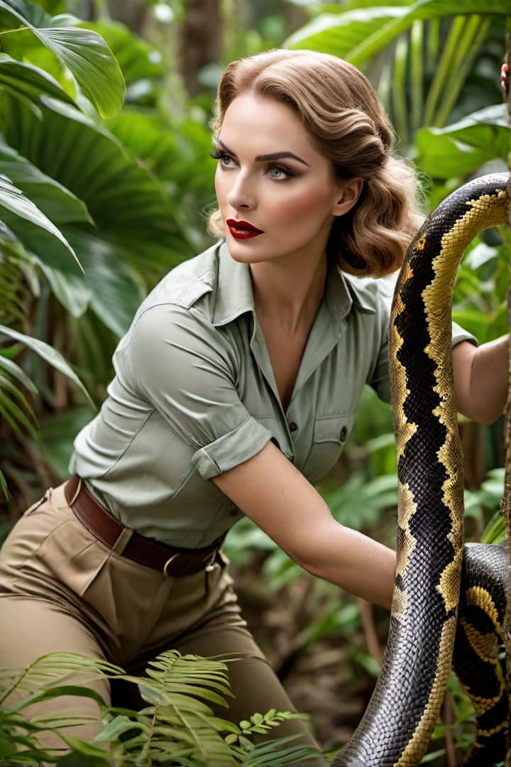  a 1920’s era crying and screaming young female jungle explorer ,Lillian Gish, wearing her khaki shorts and shirt with khaki knee socks , is attacked by a python She wraps the python around her waist hyperrealistic, full body, detailed clothing, highly detailed, cinematic lighting, stunningly beautiful, intricate, sharp focus, f/1. 8, 85mm, (centered image composition), (professionally color graded), ((bright soft diffused light)), volumetric fog, trending on instagram, trending on tumblr, HDR 4K, 8K