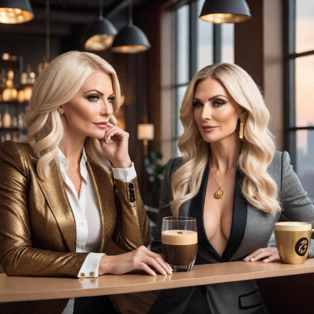  Create a cartoon-style podcast cover featuring two distinct white women in their late 30s with blonde hair. The women should look fancy and high-achieving, with one woman holding an espresso martini, and both appearing to be having fun in a stylish room set up for podcasting. The women should have clearly different cartoonish appearances, with distinguishing features and hairstyles. The title 'Plotting Greatness' should be prominently displayed, ensuring the cover is an attention-grabber and conveys success. Include elements of a podcast setup like microphones and headphones. Use warm and inviting colors like gold, white, and soft pastels to give it a royal and refined touch. Make the design look eye-catching and professional to help it sta hyperrealistic, full body, detailed clothing, highly detailed, cinematic lighting, stunningly beautiful, intricate, sharp focus, f/1. 8, 85mm, (centered image composition), (professionally color graded), ((bright soft diffused light)), volumetric fog, trending on instagram, trending on tumblr, HDR 4K, 8K