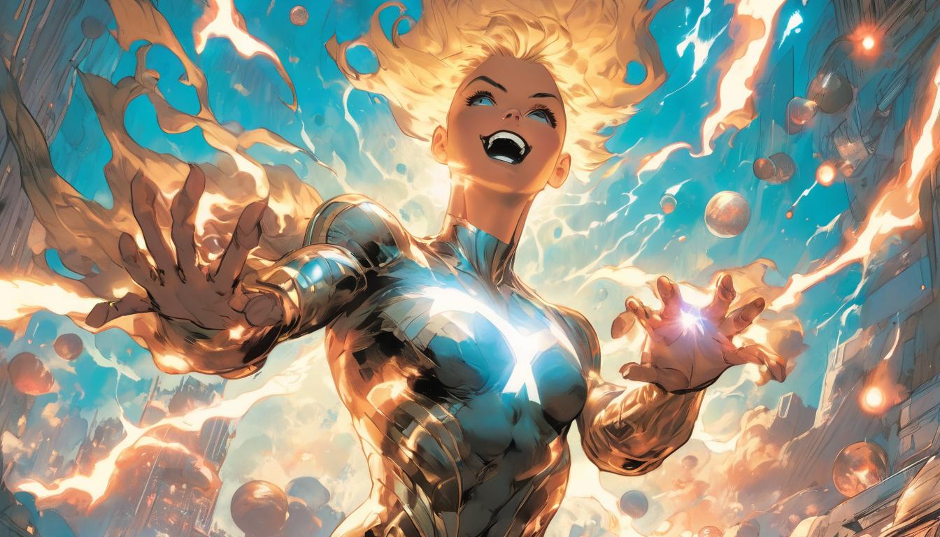  hyperrealism,fantasy aesthetic1woman, large busted attractive blonde arian humanoid, releasing glowing orbs of guilt, shame, and resentment into the sky, elevated vibrational frequency, serene background, high tech clothing clad in sleek, futuristic costume with metallic accents and form fitting designs, marvel superhero comics style, unreal engine rendering