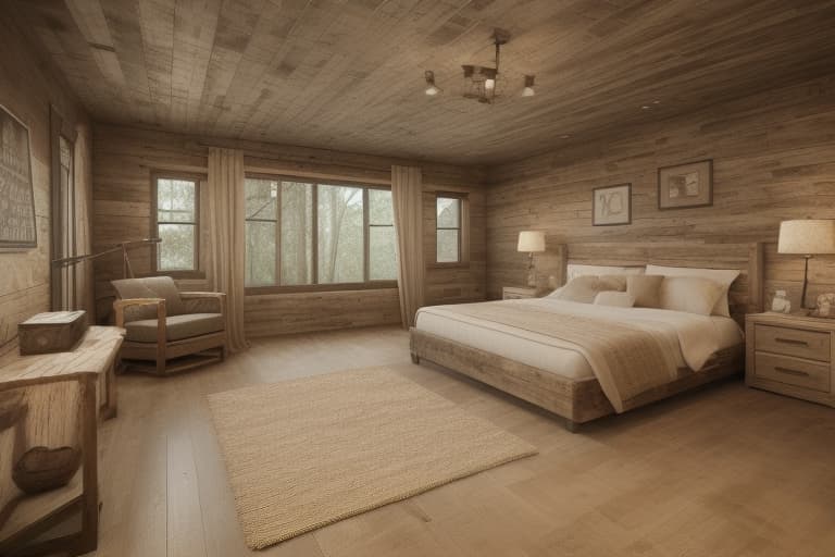  Bed Room, Peaceful, cozy, relaxation, sleep, comfort The image features a rustic natural theme, emphasizing earthy textures, raw wood elements, and an overall organic, comforting aesthetic. Rustic natural with thick wood plank bed frame, textured linens, earthy tones, and vintage wooden decor accents. rustic, natural, wood, earthy tones, vintage, comforting, organic