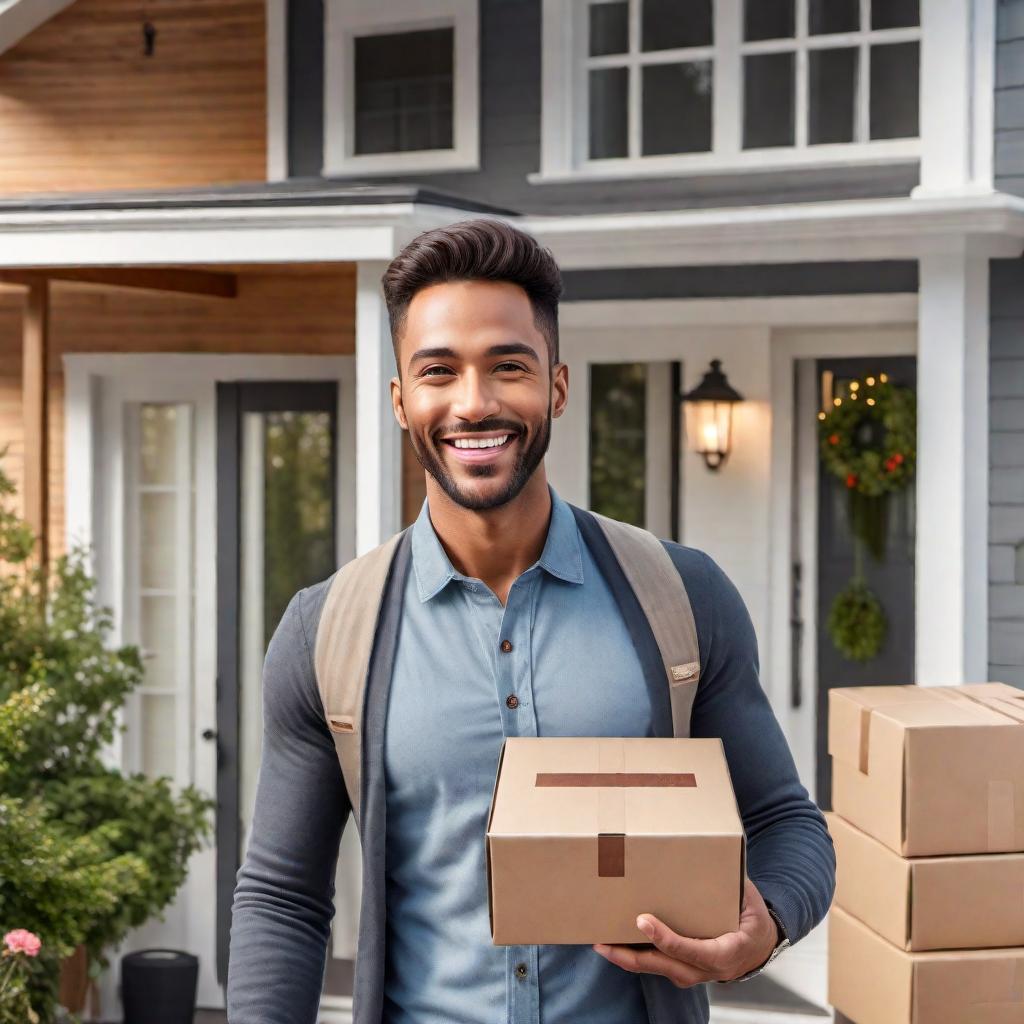  A millennial standing at the door of their home, smiling broadly while receiving a small box package from a delivery man. The recipient looks very happy and excited because of the fast delivery. The setting is a front porch with a welcoming, cozy atmosphere. The millennial is casually dressed and the delivery man is in a typical delivery uniform. The overall mood is cheerful and positive. hyperrealistic, full body, detailed clothing, highly detailed, cinematic lighting, stunningly beautiful, intricate, sharp focus, f/1. 8, 85mm, (centered image composition), (professionally color graded), ((bright soft diffused light)), volumetric fog, trending on instagram, trending on tumblr, HDR 4K, 8K