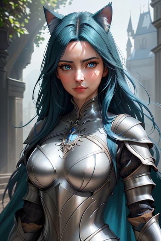  Portrait of a cat, lovely and cute, color blue, big eyes, personification, full body, most beautiful in the world, (medieval armor), metal reflections, upper body, outdoors, intense sunlight, far away castle, professional photograph of a stunning woman detailed, sharp, cinematic lighting, volumetrics dtx, (film, hyperrealistic, full body, detailed clothing, highly detailed, cinematic lighting, stunningly beautiful, intricate, sharp focus, f/1. 8, 85mm, (centered image composition), (professionally color graded), ((bright soft diffused light)), volumetric fog, trending on instagram, trending on tumblr, HDR 4K, 8K