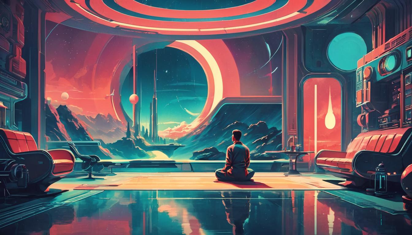  retro futuristic quiet room, person in meditation, calming surroundings, peaceful ambiance lvintage sci fi, 50s and 60s style, atomic age, vibrant, highly detailed