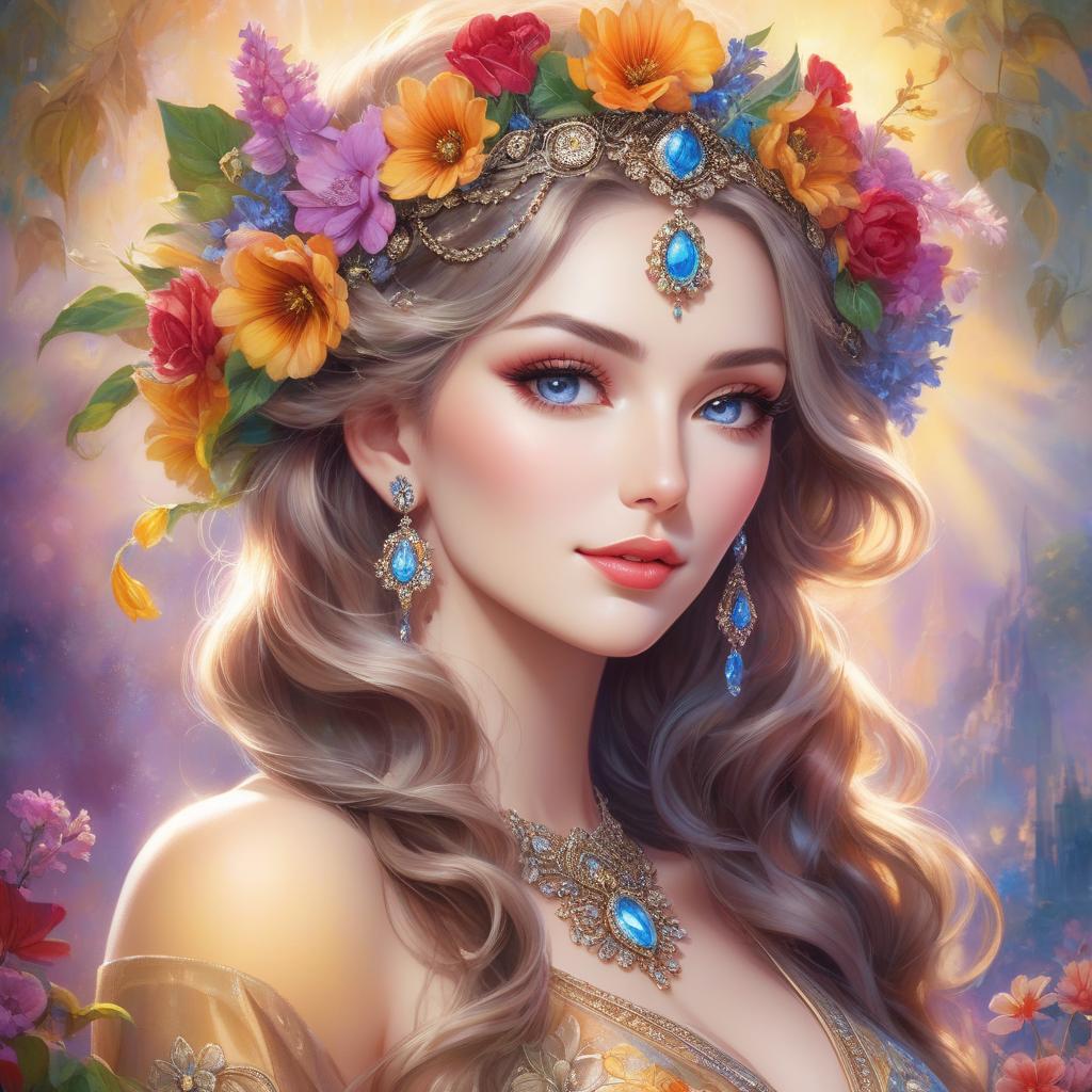  concept art A portrait of a woman with a flower crown and bejeweled accessories against a soft, colorful background. Watercolor in the style of Josephine Wall, Tomasz Allen Kopera, Dariusz Zawadzki, Andreja Peklar, Ivan Shiskine,Create an image of a young woman with a radiant and cheerful expression. Her skin is smooth with a fair complexion. She has large, captivating eyes with a gentle gaze and well defined eyebrows. Her full lips curve into a warm, inviting smile that enhances her approachable aura. Her hair is voluminous and flows in luxurious, well defined waves, cascading around her face and shoulders. The hair color is a soft, monochromatic hue that harmonizes with the colour tone of the image, giving an overall classical and timeles hyperrealistic, full body, detailed clothing, highly detailed, cinematic lighting, stunningly beautiful, intricate, sharp focus, f/1. 8, 85mm, (centered image composition), (professionally color graded), ((bright soft diffused light)), volumetric fog, trending on instagram, trending on tumblr, HDR 4K, 8K