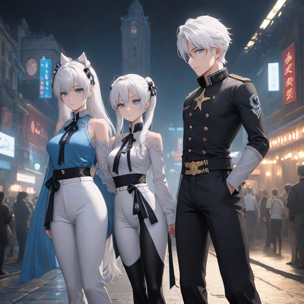  A with her white hair tied into two ponytails with black ribbons, blue eyes, a white lace , a medal, and black pants. Next to her, a boy with white hair, blue eyes, a white lace , a medal, and black pants. hyperrealistic, full body, detailed clothing, highly detailed, cinematic lighting, stunningly beautiful, intricate, sharp focus, f/1. 8, 85mm, (centered image composition), (professionally color graded), ((bright soft diffused light)), volumetric fog, trending on instagram, trending on tumblr, HDR 4K, 8K