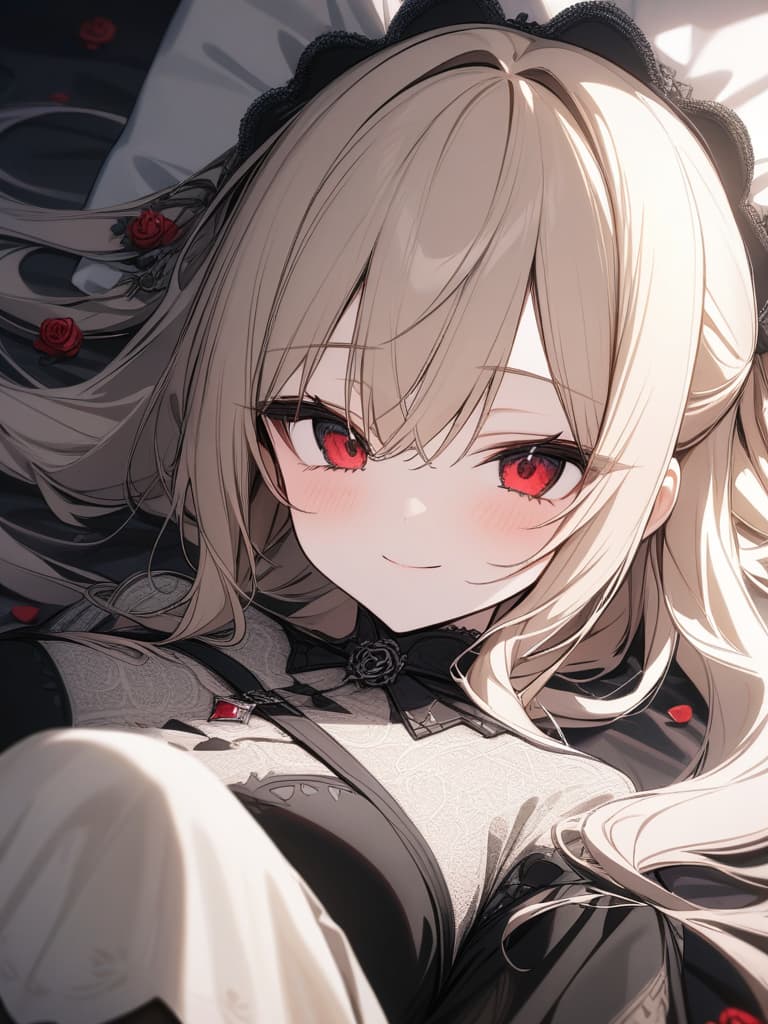  Hair colored beige, black gothic fashion, twin tails, long hair, roses are motifs, eyes are red, smiles, lying down, masterpiece, best quality,8k,ultra detailed,high resolution,an extremely delicate and beautiful,hyper detail