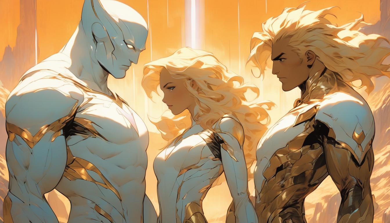  hyperrealism,fantasy aesthetic1woman1man, large busted attractive blonde arian female humanoid and handsome male humanoid, glowing white garments, bright aura around them, sacred mountain, high tech clothing clad in sleek, futuristic costume with metallic accents and form fitting designs, marvel superhero comics style, unreal engine rendering