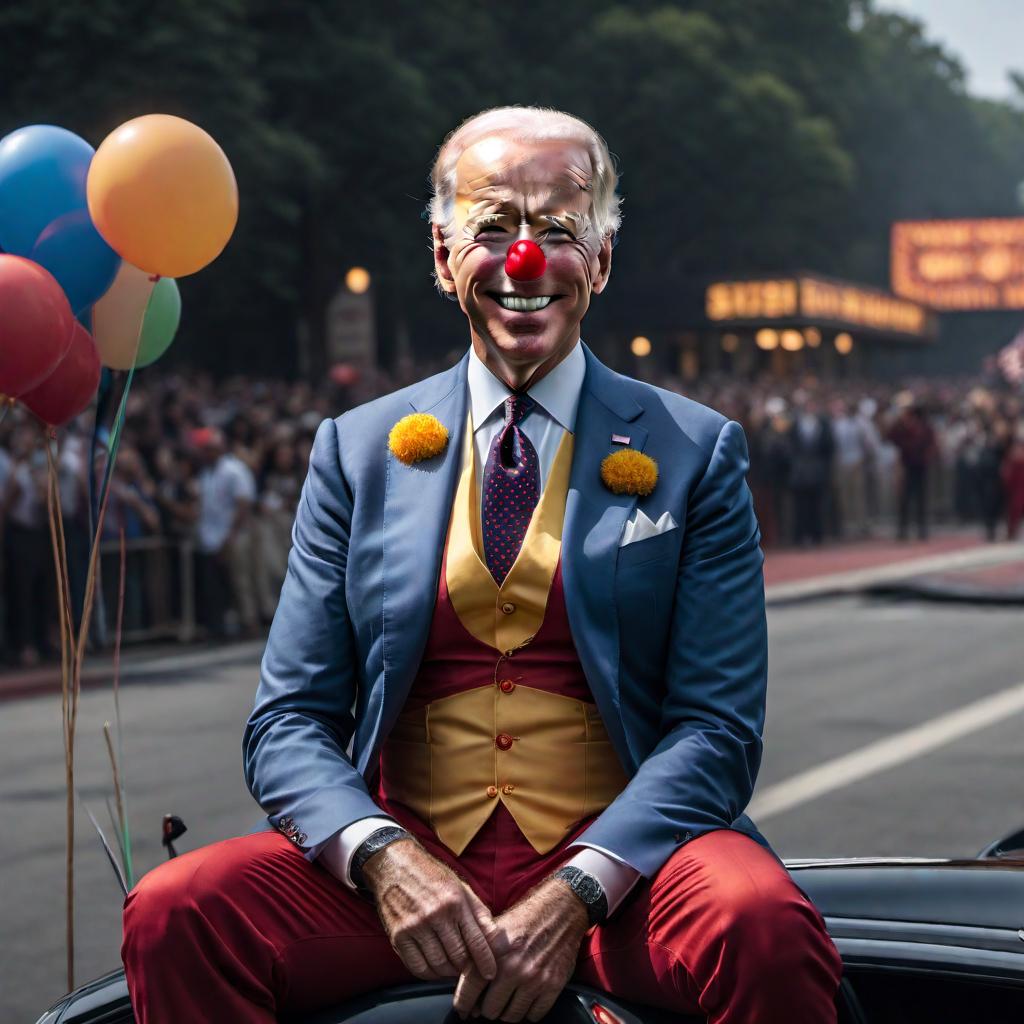  Revisualizing the response: 'An image of Joe Biden depicted as a clown with a unique and artistic style.' hyperrealistic, full body, detailed clothing, highly detailed, cinematic lighting, stunningly beautiful, intricate, sharp focus, f/1. 8, 85mm, (centered image composition), (professionally color graded), ((bright soft diffused light)), volumetric fog, trending on instagram, trending on tumblr, HDR 4K, 8K