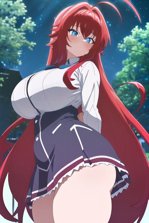  a fat in a very short arched over with a very small and tight with her looking through,masterpiece, best quality, 1women, long red hair, looking at viewer, :3, cute, black uniform, outdoors, streets, cowboy shot, curvy, (((blue eyes))), rias gremory, red hair, antenna hair, wavy hair, ((beautiful detailed eyes, beautiful detailed glow, lots of glow)), anime screencap