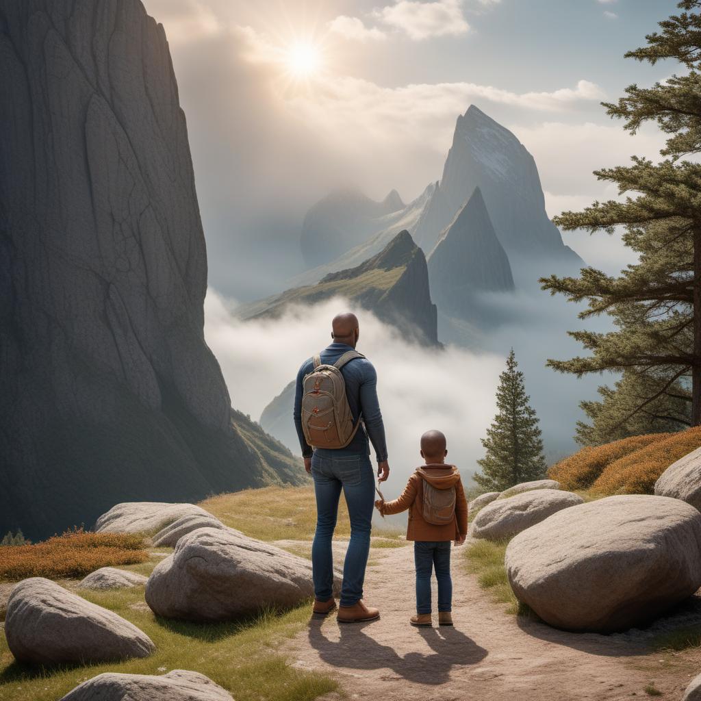  Create an image for the meme idea 'Rock Solid Parenting: Stay Grounded - be a steady presence for your children, they look up to you like a towering mountain.' The image should feature a rock (symbolizing a parent) standing tall and steady like a mountain, with a child looking up at the rock with admiration. Include symbols of stability and support in the background to emphasize the concept of 'rock solid parenting'. hyperrealistic, full body, detailed clothing, highly detailed, cinematic lighting, stunningly beautiful, intricate, sharp focus, f/1. 8, 85mm, (centered image composition), (professionally color graded), ((bright soft diffused light)), volumetric fog, trending on instagram, trending on tumblr, HDR 4K, 8K