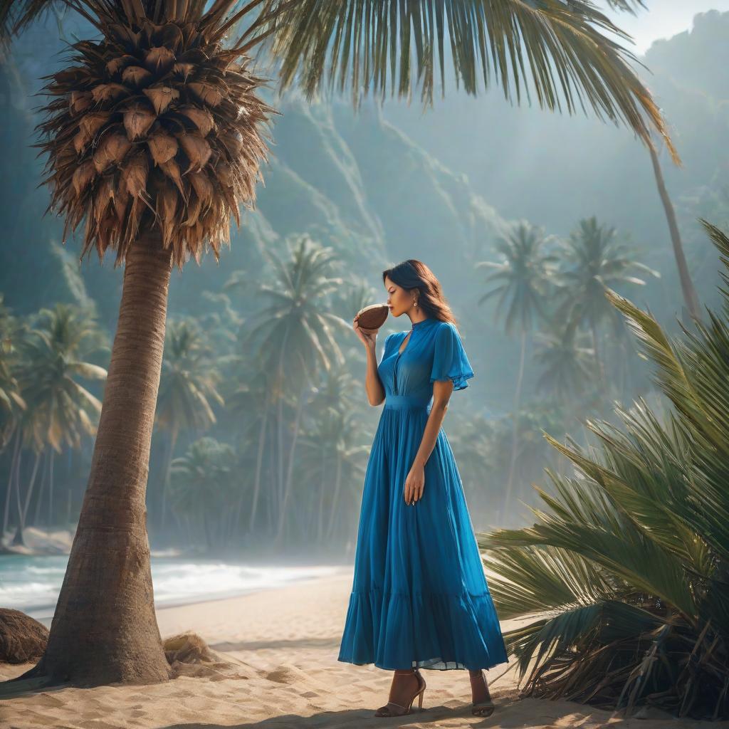  a woman stands tall in a blue dress, leans against a palm tree and drinks from a coconut hyperrealistic, full body, detailed clothing, highly detailed, cinematic lighting, stunningly beautiful, intricate, sharp focus, f/1. 8, 85mm, (centered image composition), (professionally color graded), ((bright soft diffused light)), volumetric fog, trending on instagram, trending on tumblr, HDR 4K, 8K