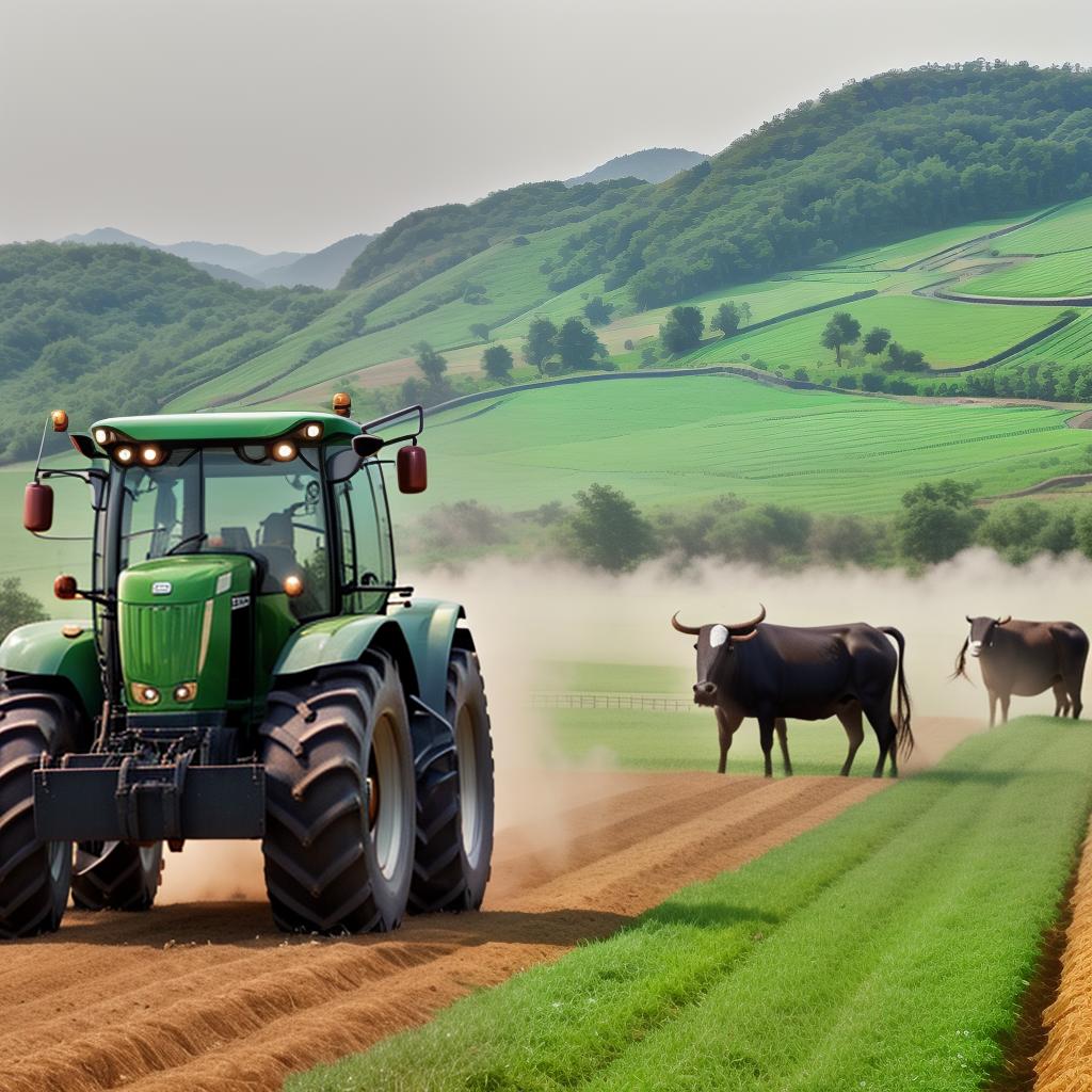  2 korean FARM GIRLS, FARMHOUSE, bulls in Background, Tractor in background, Clean face details hyperrealistic, full body, detailed clothing, highly detailed, cinematic lighting, stunningly beautiful, intricate, sharp focus, f/1. 8, 85mm, (centered image composition), (professionally color graded), ((bright soft diffused light)), volumetric fog, trending on instagram, trending on tumblr, HDR 4K, 8K