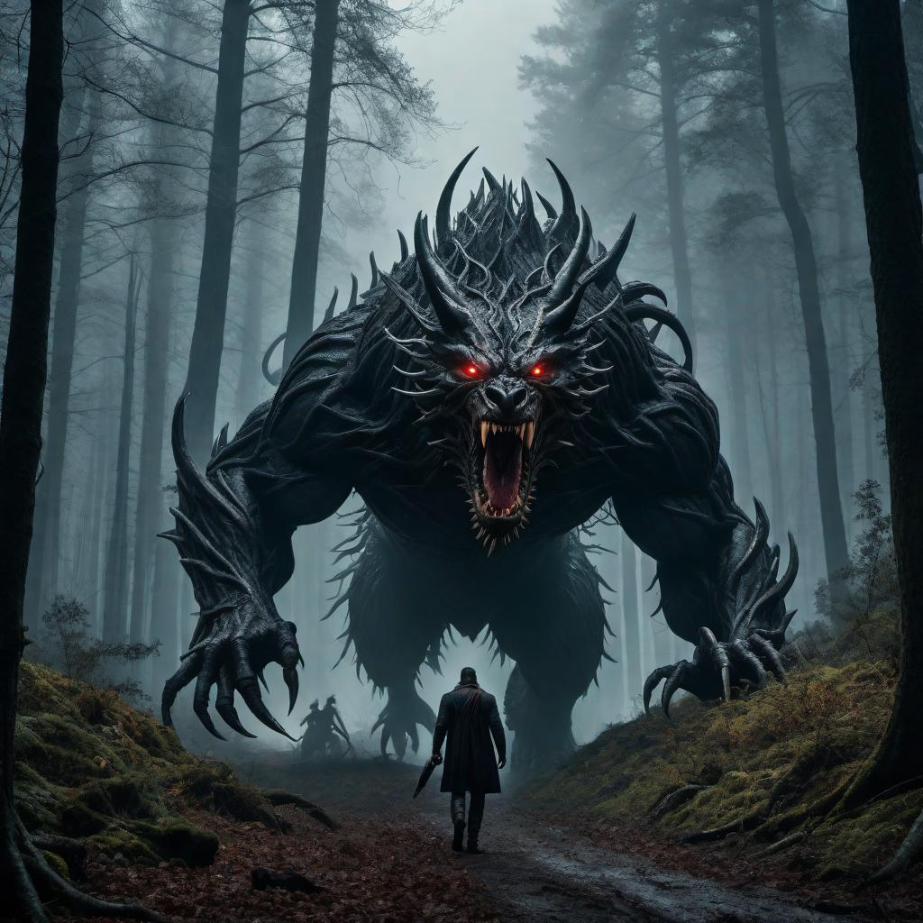  A surreal scene in the woods with monstrous beasts chasing a group of frightened people. The setting is a dark, dense forest with tall, eerie trees casting ominous shadows. The beasts are large, terrifying creatures with glowing eyes and sharp claws, while the people are running frantically, looking over their shoulders in fear. The overall mood is tense and chaotic, with a mix of horror and urgency. hyperrealistic, full body, detailed clothing, highly detailed, cinematic lighting, stunningly beautiful, intricate, sharp focus, f/1. 8, 85mm, (centered image composition), (professionally color graded), ((bright soft diffused light)), volumetric fog, trending on instagram, trending on tumblr, HDR 4K, 8K