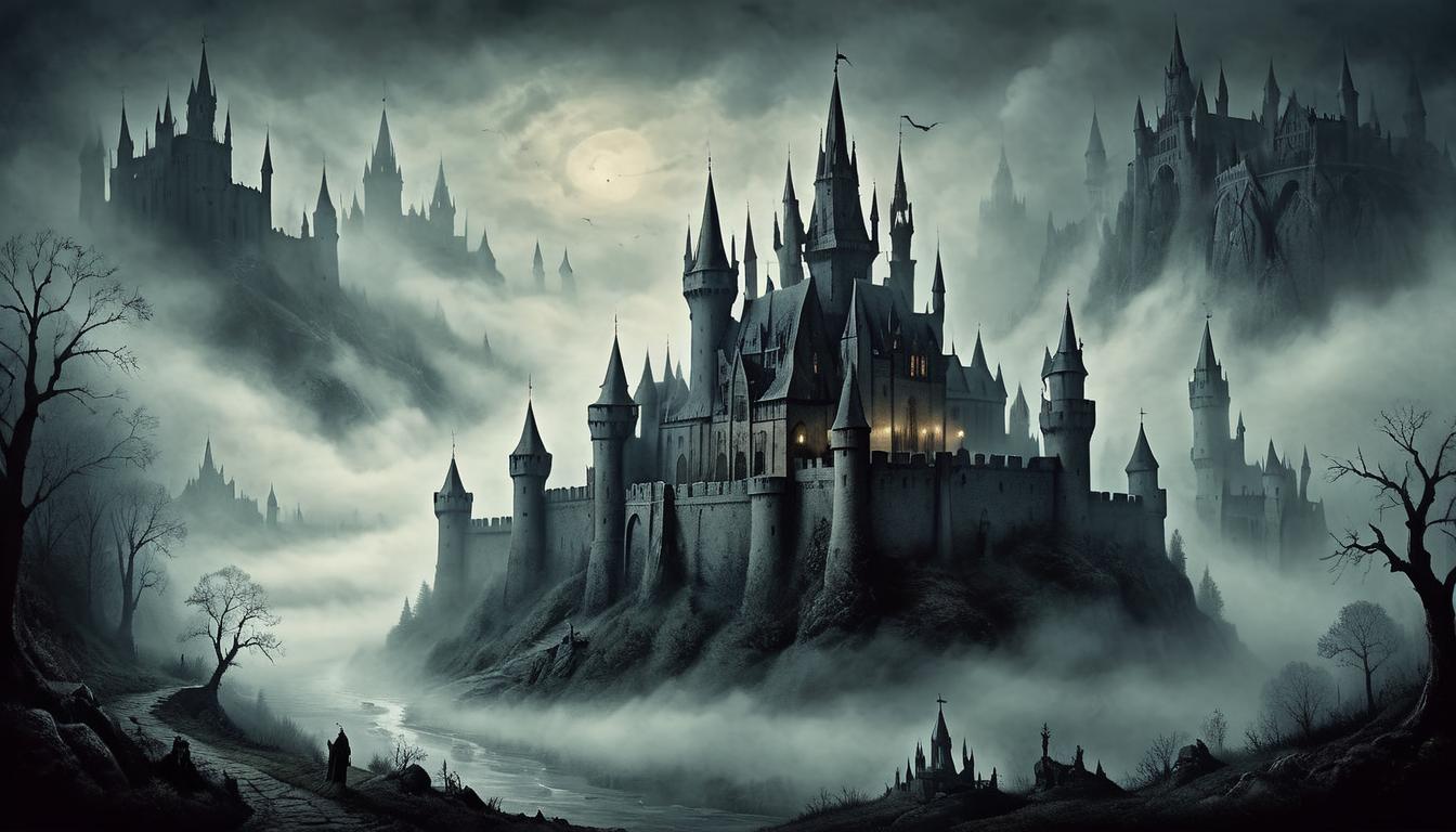  on parchment, surrealism+++, Gothic castles shrouded in mist, towering spires, dense fog weaving through arches, dark and foreboding atmosphere, sense of pervasiveness(mysterious, provocative, symbolic,muted color)+++