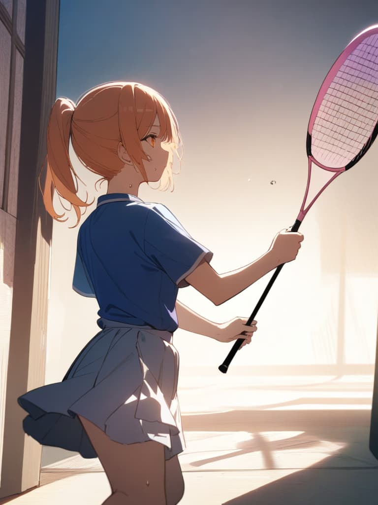  ((Badminton,playing badminton,ponytail,orange hair,orange eyes,sweating,pink racket,blue uniform)),hardworking,cute,pretty girl,beautiful,ultra detailed,best shadow,cute and beautiful face,(masterpiece:1.2),(best quality:1.2),detailed background,high contrast,(best illumination,an extremely delicate and beautiful),((cinematic light)),hyper detail,dramatic light,intricate details,8k,anime,very aesthetic, masterpiece, best quality,8k,ultra detailed,high resolution,an extremely delicate and beautiful,hyper detail