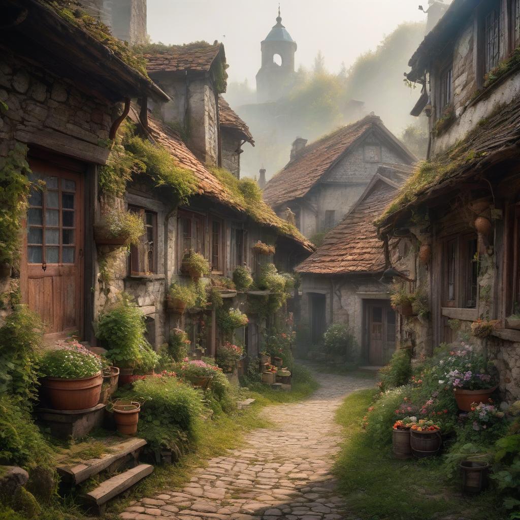  No humans. Small village in Georgia. In the style of Jean Baptiste Monge, old shaky buildings. Garlic. Detailed. Lots of embellishments and small details, Detailed look. soft colors, HDR, 4K hyperrealistic, full body, detailed clothing, highly detailed, cinematic lighting, stunningly beautiful, intricate, sharp focus, f/1. 8, 85mm, (centered image composition), (professionally color graded), ((bright soft diffused light)), volumetric fog, trending on instagram, trending on tumblr, HDR 4K, 8K