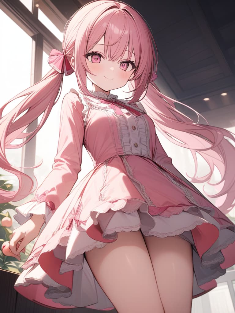  Cute, , big eyes, thin body, exposure, smiling, big s, long hair, peach, pink frill dress, exposure, pink eyes, pink hair color, , twin tails, ribbon, fluffy hair, masterpiece, best quality,8k,ultra detailed,high resolution,an extremely delicate and beautiful,hyper detail