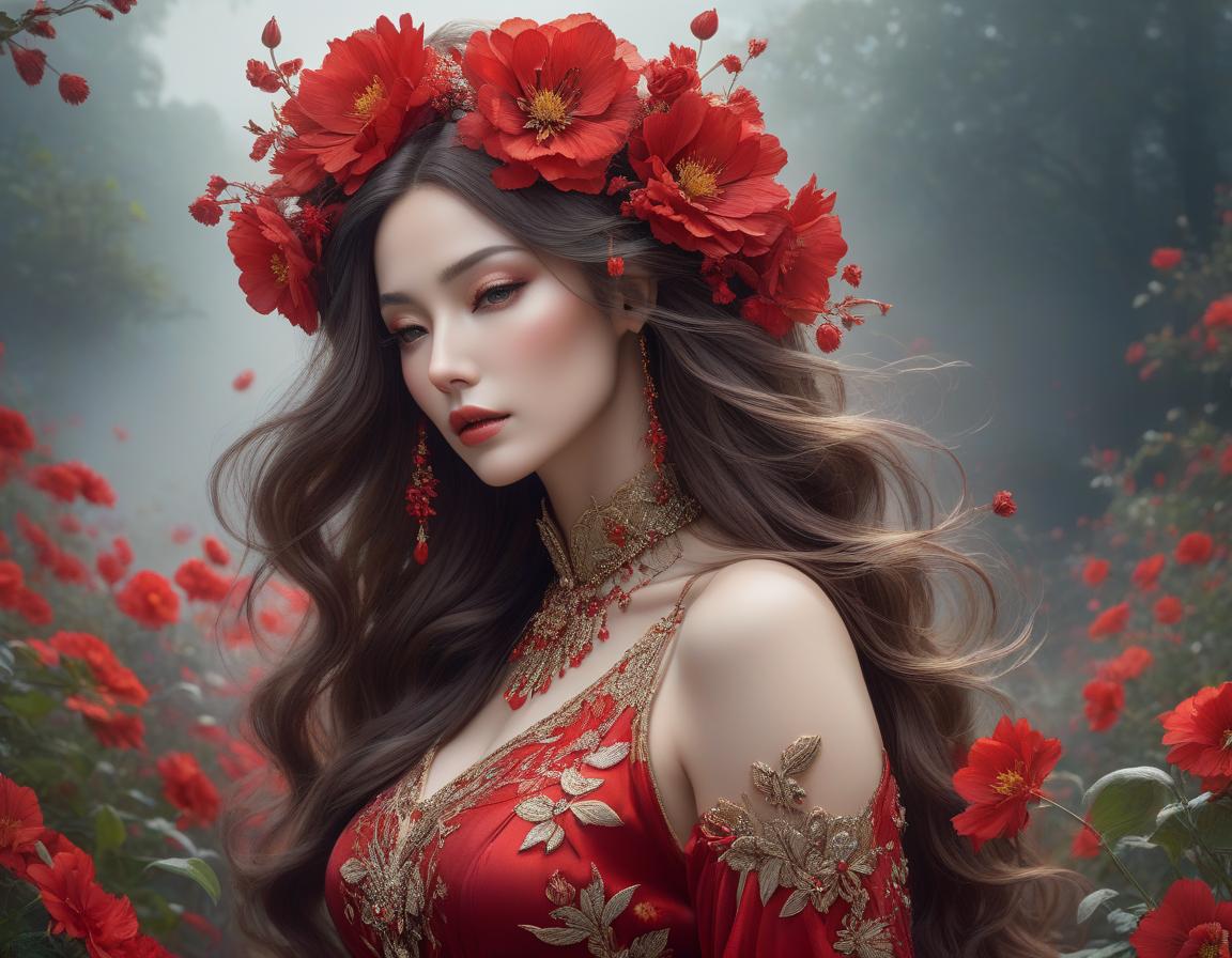  An artistic portrait of a woman with flowing hair adorned with vibrant red flowers, gazing into the distance, evoking a dreamy and romantic mood. Beautiful red Periapt. Jean Baptiste Monge and Yossi Kotler hyperrealistic, full body, detailed clothing, highly detailed, cinematic lighting, stunningly beautiful, intricate, sharp focus, f/1. 8, 85mm, (centered image composition), (professionally color graded), ((bright soft diffused light)), volumetric fog, trending on instagram, trending on tumblr, HDR 4K, 8K