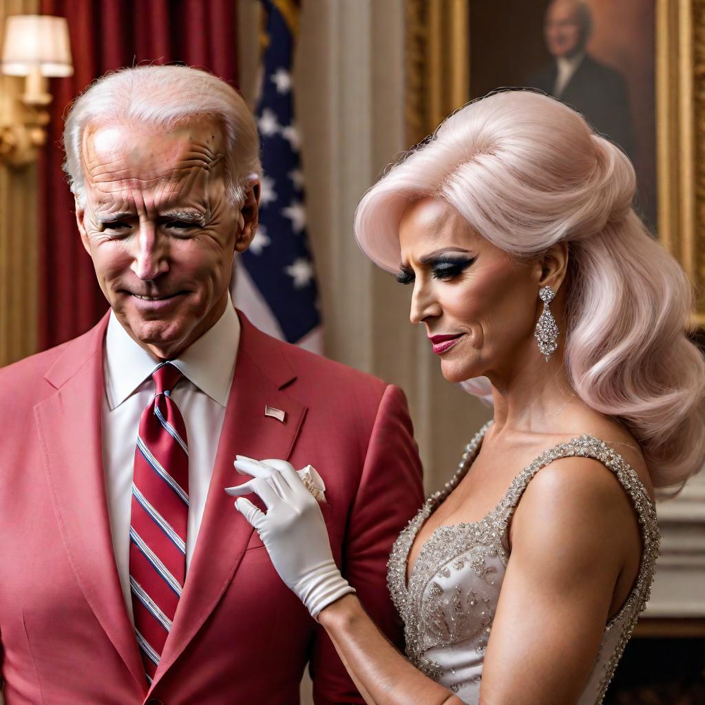  A painting of Joe Biden sniffing Justin Trudeau's hair while Trudeau is dressed as a drag queen. Trudeau is wearing an elegant, sparkling gown, heavy makeup, and a stylish wig. Biden has a gentle expression on his face as he leans in to sniff Trudeau's hair. The background shows a soft, blurred backdrop to keep the focus on the characters. The painting style is realistic with warm tones. hyperrealistic, full body, detailed clothing, highly detailed, cinematic lighting, stunningly beautiful, intricate, sharp focus, f/1. 8, 85mm, (centered image composition), (professionally color graded), ((bright soft diffused light)), volumetric fog, trending on instagram, trending on tumblr, HDR 4K, 8K