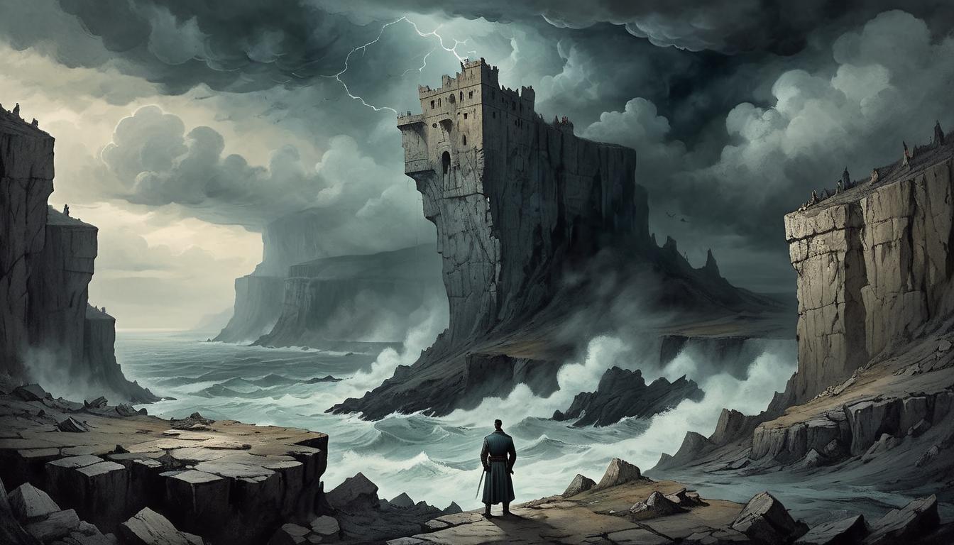  on parchment, surrealism+++, A figure standing at the edge of a crumbling cliff, looking down into an abyss, stormy skies overhead, precarious, dangerous, edge of disaster, vulnerable(mysterious, provocative, symbolic,muted color)+++