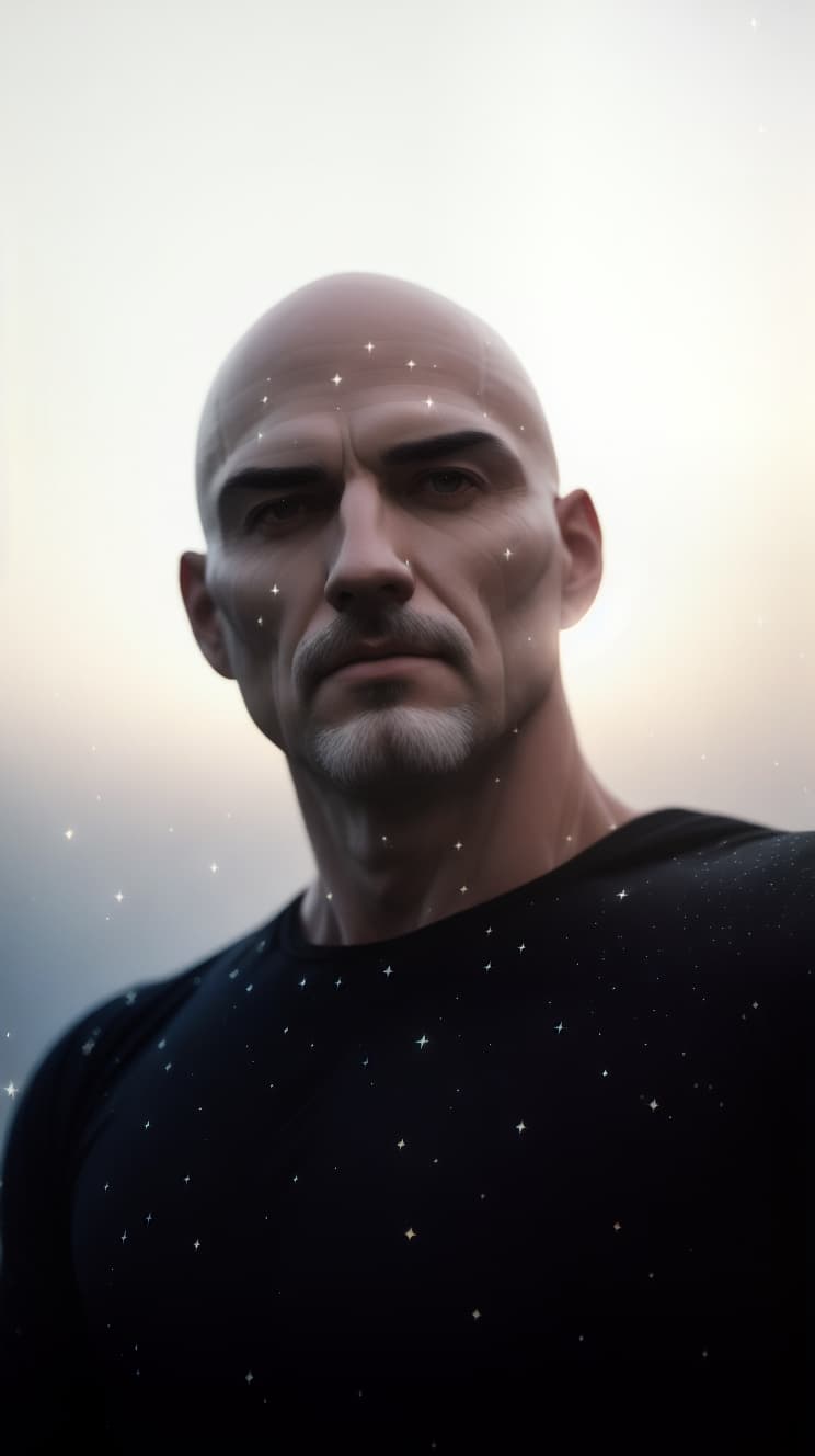  shaved man, stars, seen from behind, bald, white skin, 4k resolution hyperrealistic, full body, detailed clothing, highly detailed, cinematic lighting, stunningly beautiful, intricate, sharp focus, f/1. 8, 85mm, (centered image composition), (professionally color graded), ((bright soft diffused light)), volumetric fog, trending on instagram, trending on tumblr, HDR 4K, 8K