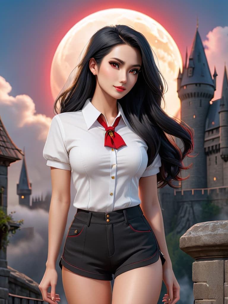  score 9, score 8 up, score 7 up, detailed, black hair, long hair, red eyes, white shirt, short shorts, black shorts, cloud, moon, full moon, Hogwarts, castle hill, night sky, street, shooting star, looking at viewer, blush, light smile, closed mouth, strong pose, (mature female:0.65), v, hand up, clenched hand, hyperrealistic, full body, detailed clothing, highly detailed, cinematic lighting, stunningly beautiful, intricate, sharp focus, f/1. 8, 85mm, (centered image composition), (professionally color graded), ((bright soft diffused light)), volumetric fog, trending on instagram, trending on tumblr, HDR 4K, 8K