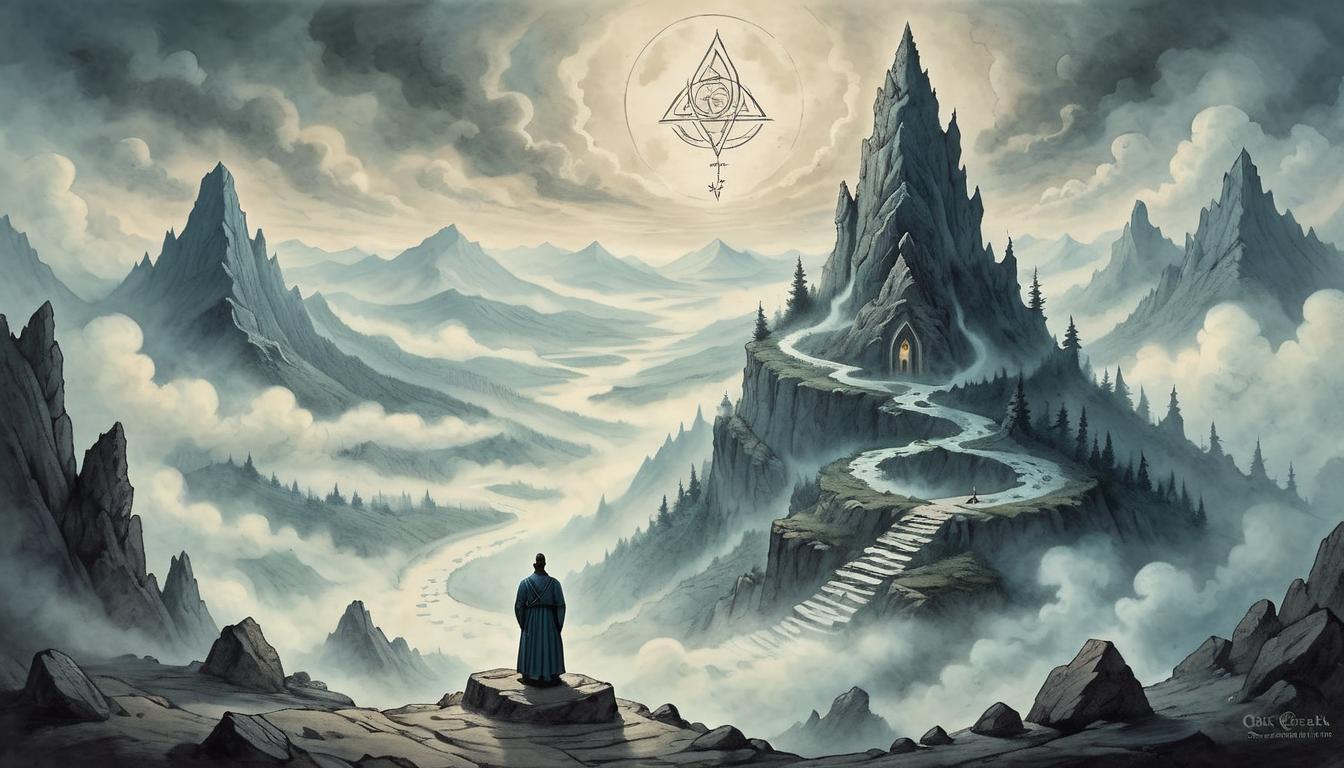  on parchment, surrealism+++, A lone figure meditating on a mountaintop, surrounded by swirling mists, ancient runes etched into the rocky ground, inner peace, strength, transcendence(mysterious, provocative, symbolic,muted color)+++