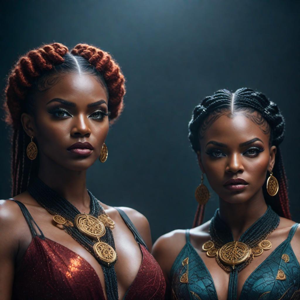  Angry black female twins in lofi fantasy style, Gemini zodiac, intense expressions, dark moody background, vibrant colors, celestial elements, intricate details hyperrealistic, full body, detailed clothing, highly detailed, cinematic lighting, stunningly beautiful, intricate, sharp focus, f/1. 8, 85mm, (centered image composition), (professionally color graded), ((bright soft diffused light)), volumetric fog, trending on instagram, trending on tumblr, HDR 4K, 8K